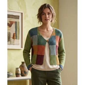 Vintage April Cornell Lambswool Sweater Cardigan Size M Colorblock Patchwork